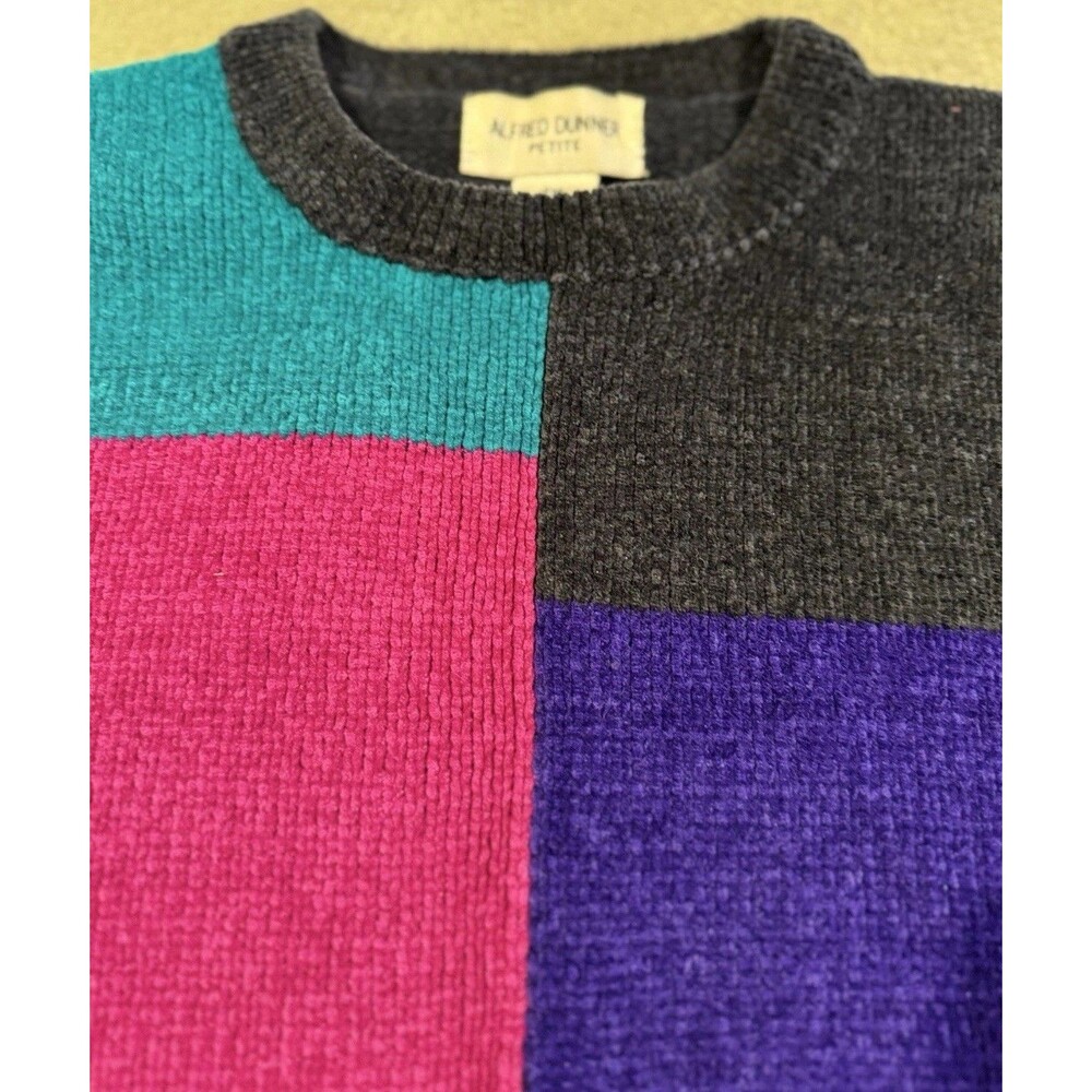 Vintage 90s 80s Alfred Dunner Color Block Chenille Sweater Women's Petite Medium - Picture 7 of 13